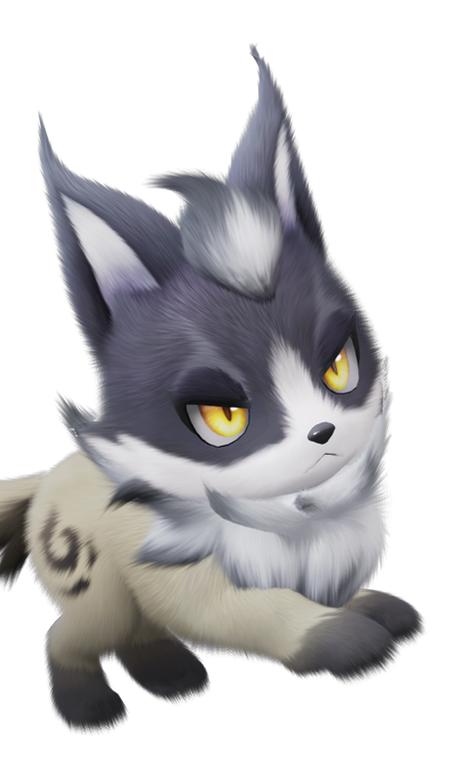 Official full-body artwork of the Aniimo Emberpup in its Highland Form, a Fire and Rock element DPS role creature