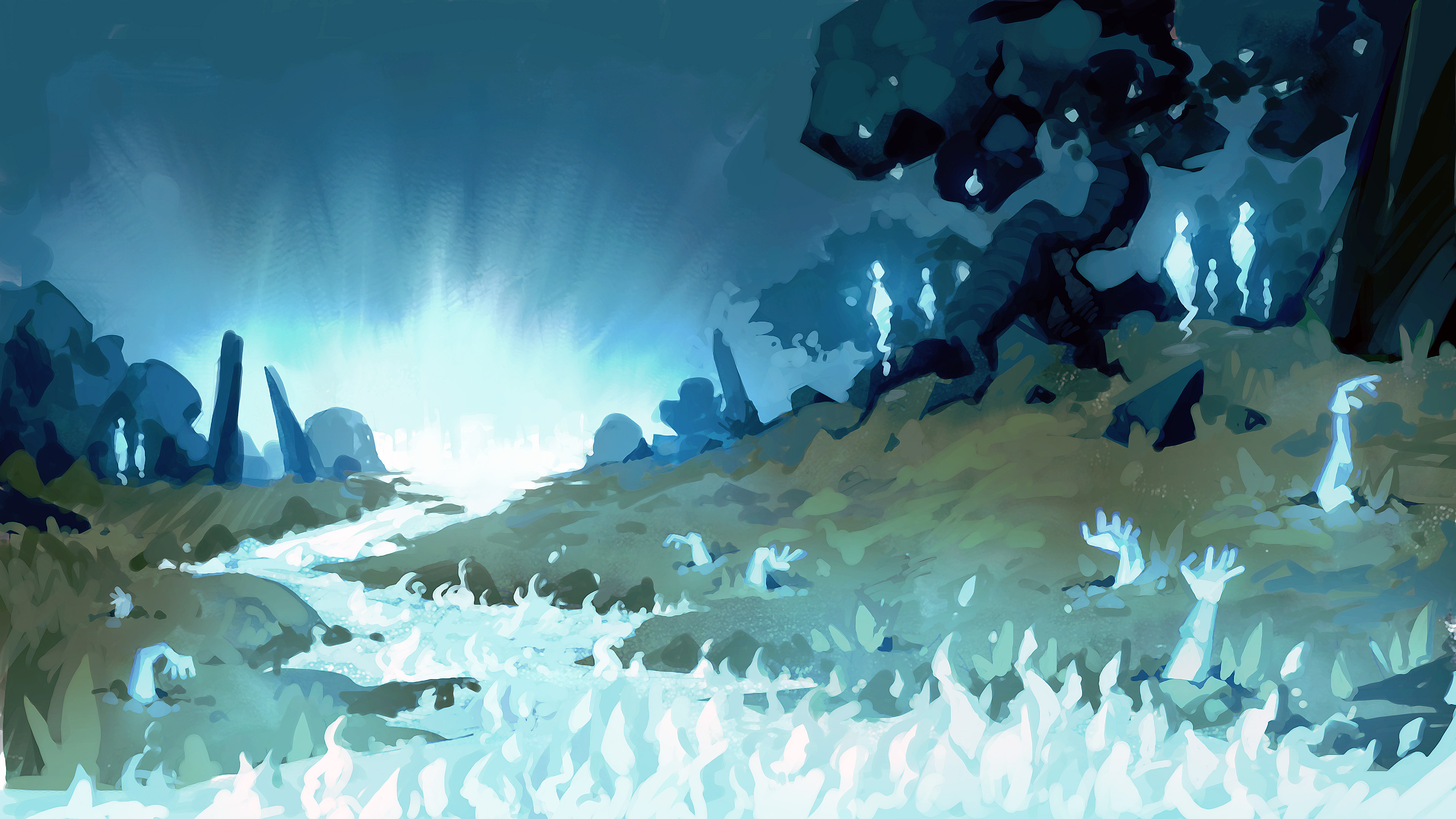 Concept art shared on September 2, 2026 to tease the next major update, not final in game content: a painted night scene of a dark tree beside a glowing stream, with pale ghostly hands rising from the grass