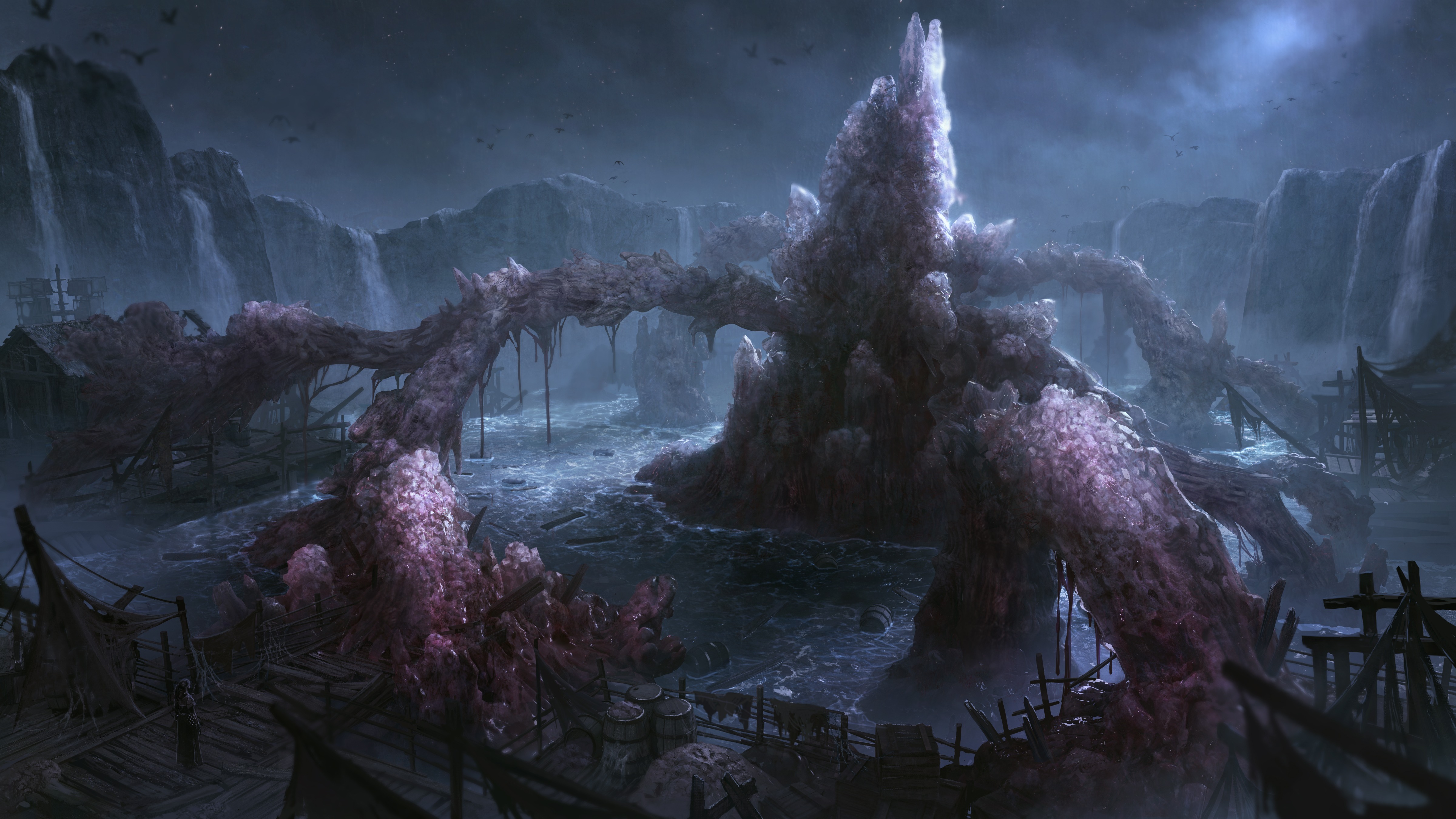 Saltern Harbor map preview: pale crystalline salt formations arching over a moonlit harbor of wooden docks and wrecked boats