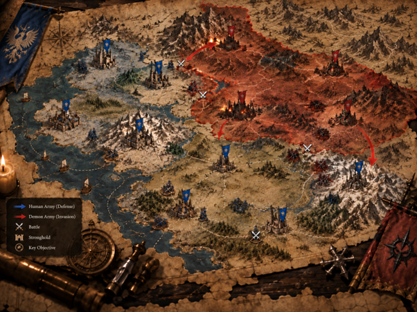 Concept illustration of a war map with human strongholds under blue banners and demon territory under red banners, from the developer note on the planned War Map