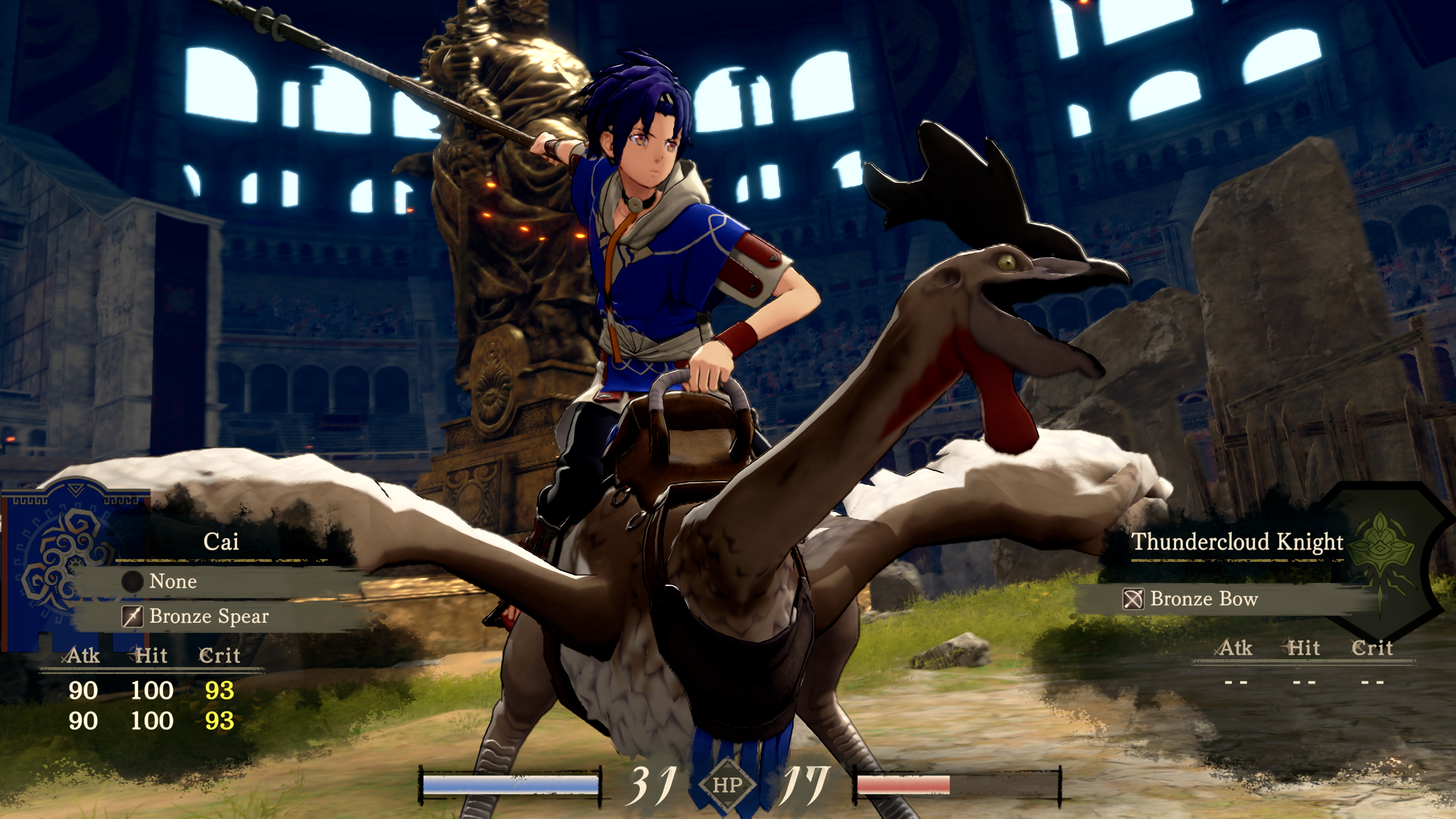 Cai raising a spear from the back of an Ornius mount during a battle animation in an arena