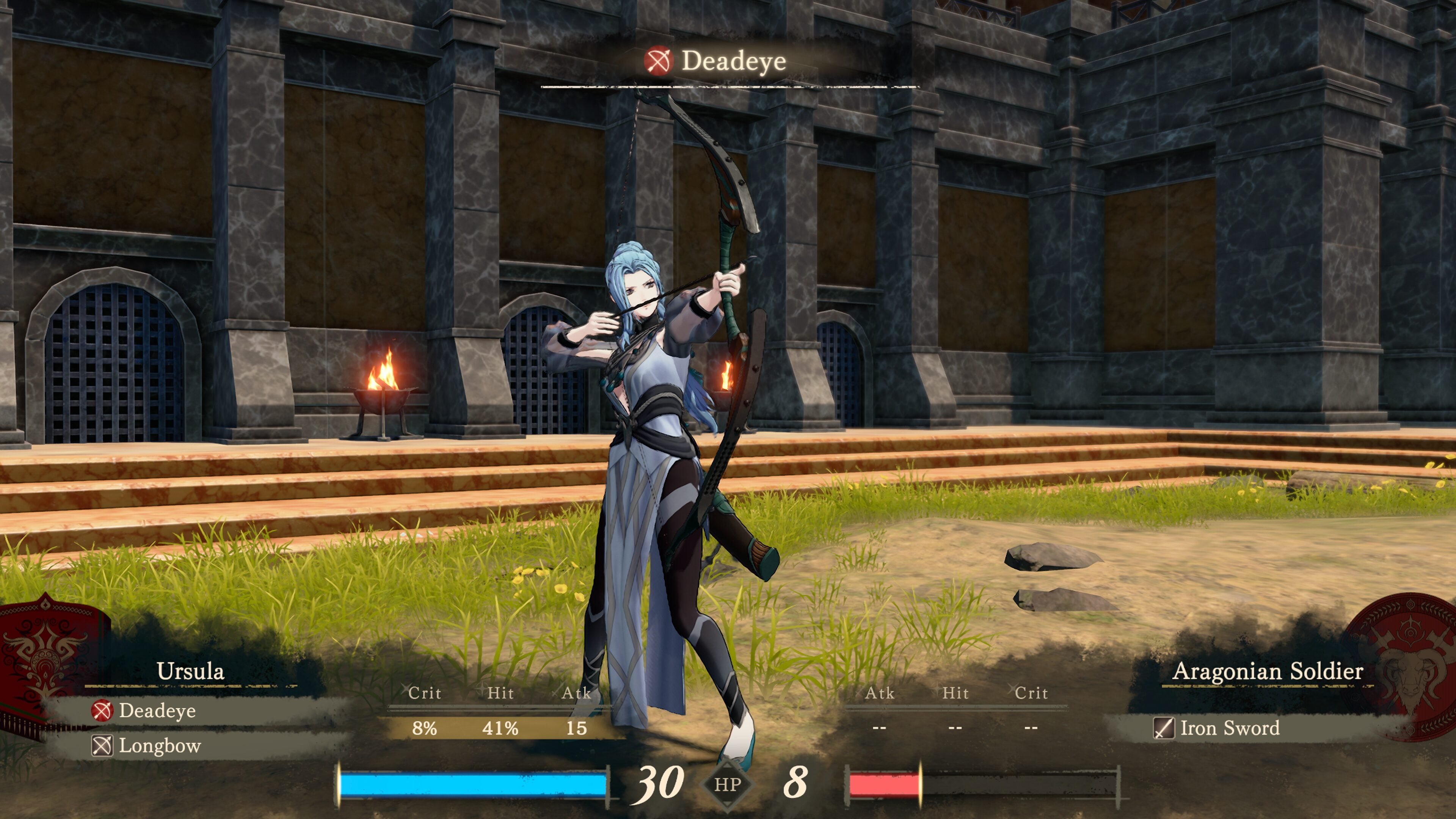 Ursula loosing an arrow from a longbow during the Deadeye combat art animation