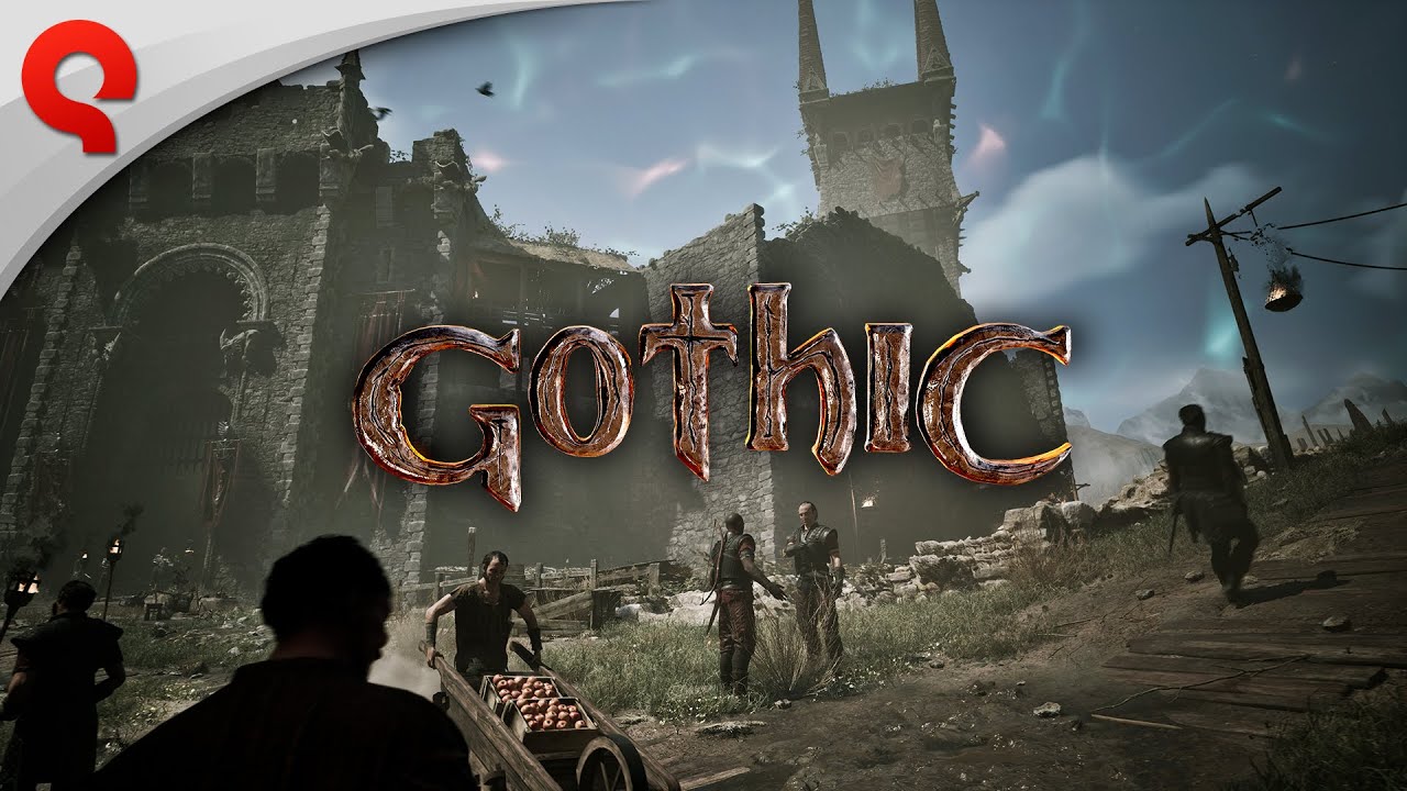 The Old Camp castle towers over camp inhabitants pushing a cart, in key art from the 2023 Welcome to the Old Camp trailer.