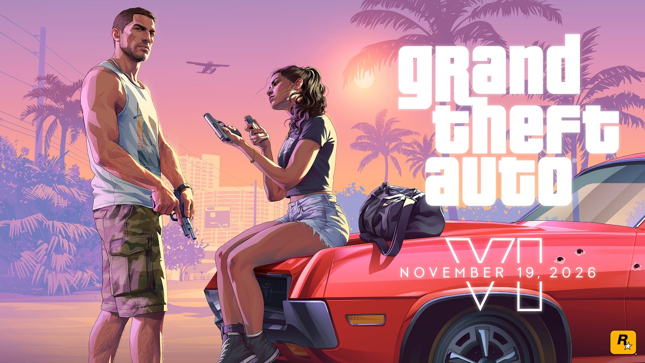 Grand Theft Auto VI Launch Trailer artwork: Jason Duval and Lucia Caminos with handguns beside a red car under palm trees, with the game logo and the date November 19, 2026
