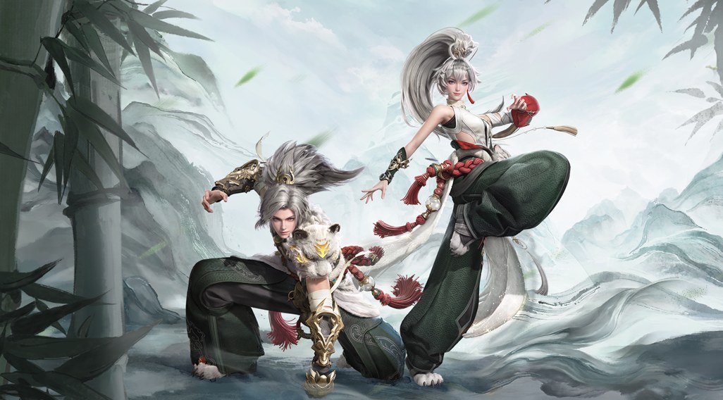 Official art of the 皓虎迅声 outfit, the collection reward of the 稷下百晓生 event, worn by a male and a female player character posed among bamboo and ink-wash mountains