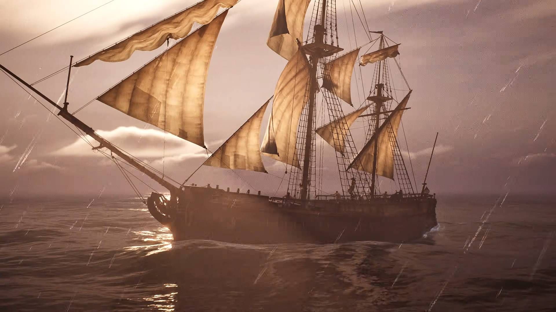 Ship navigating through a storm at sea in Windrose