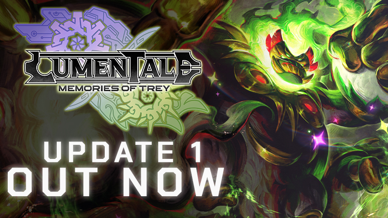 Official Update 1 key art for LumenTale: Memories of Trey, with the game logo, the words Update 1 Out Now, and a large glowing green Animon