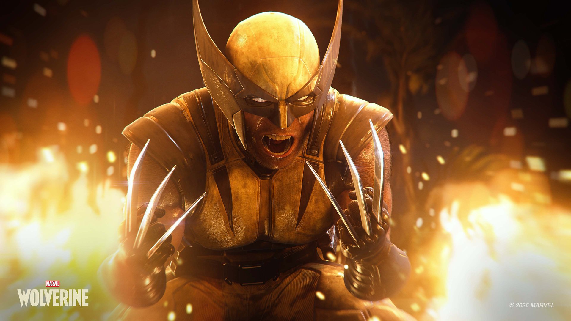 Wolverine roars with all six claws extended, lit by fire in his mask and yellow suit