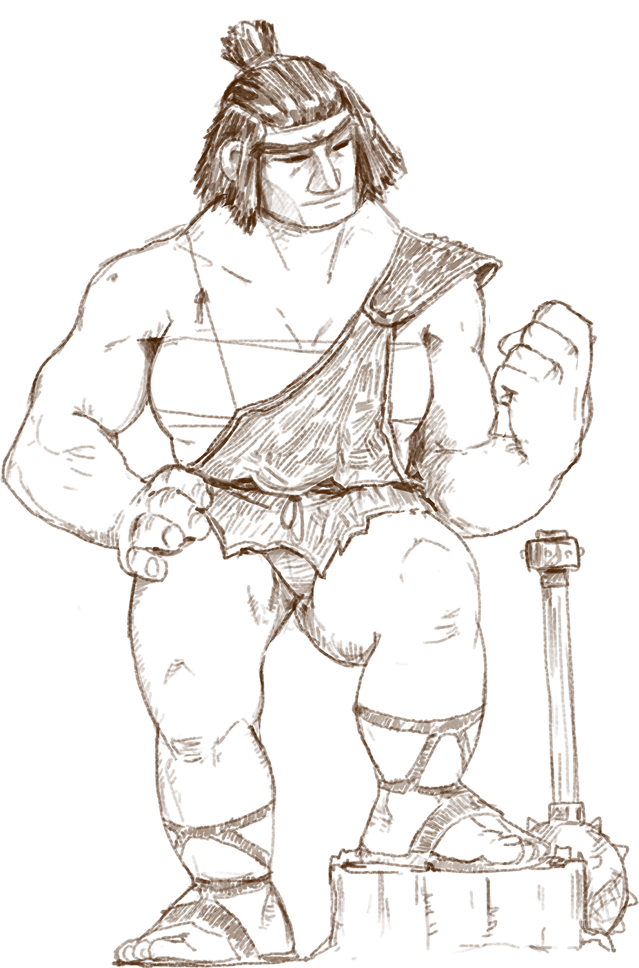 Concept sketch of a heavily muscled Ogre woman resting on a club