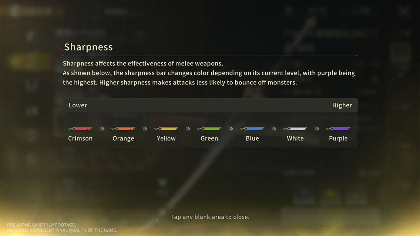 Pre-alpha help screen explaining Sharpness, with seven levels from Crimson through Orange, Yellow, Green, Blue and White to Purple