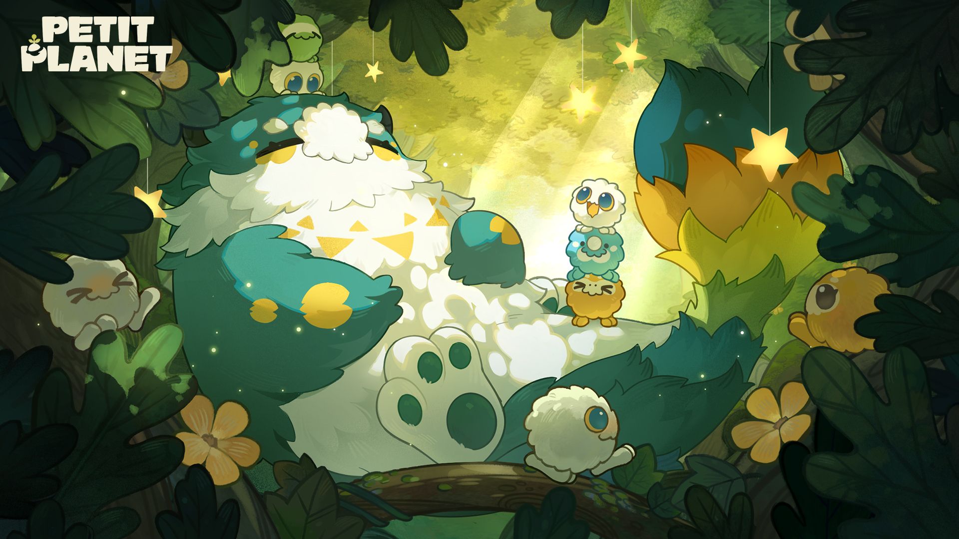 Oumuamua, the large teal and white spirit of the Starsea, resting in a sunlit forest surrounded by small fuzzy creatures