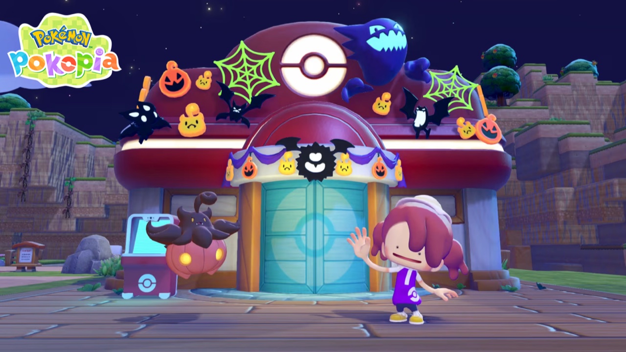 Ditto in human form waving outside a Pokemon Center decorated for a midnight festival with pumpkin, bat and spiderweb ornaments, a pumpkin Pokemon beside the door