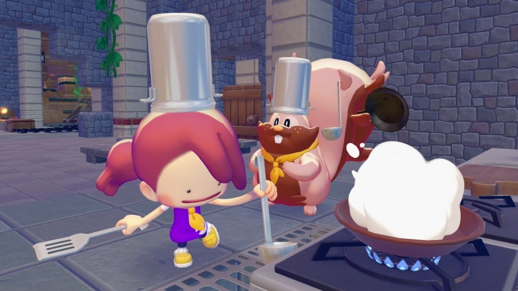Player and Chef Dente wearing chef hats while cooking on a stove with a steaming pan of food