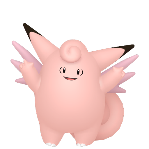 Clefable sprite from Pokemon Pokopia showing the Fairy Pokemon with Trade and Hype specialties