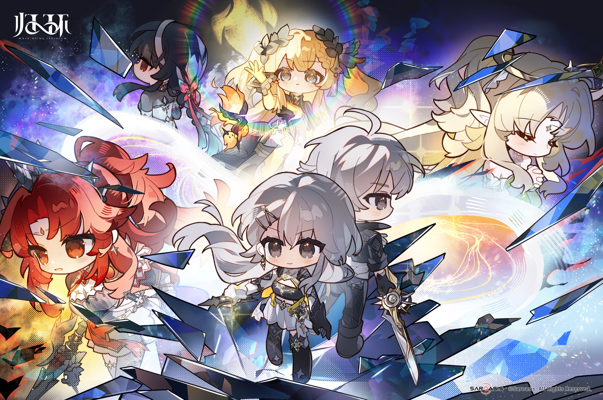 Official Rewinding Cadence illustration of six chibi Spirit Speakers posed on shattered blue glass: two silver-haired Returner figures at the centre, a red-haired character at left, and black-haired, blonde and white-haired pointed-eared characters behind, under the 归环 logo and a Saroasis copyright line.