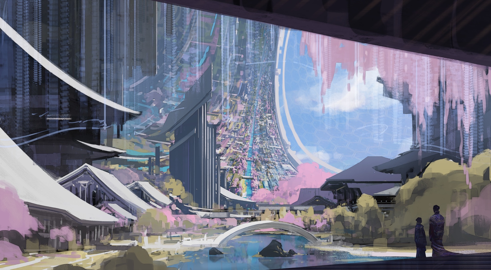 Concept art of Shin-Edo, the lunar glass city: a blossom-lined pond and arch bridge in the foreground below tower slabs, with the habitat's ground curving upward into the distance and inverted city blocks overhead behind a hex-patterned translucent shell