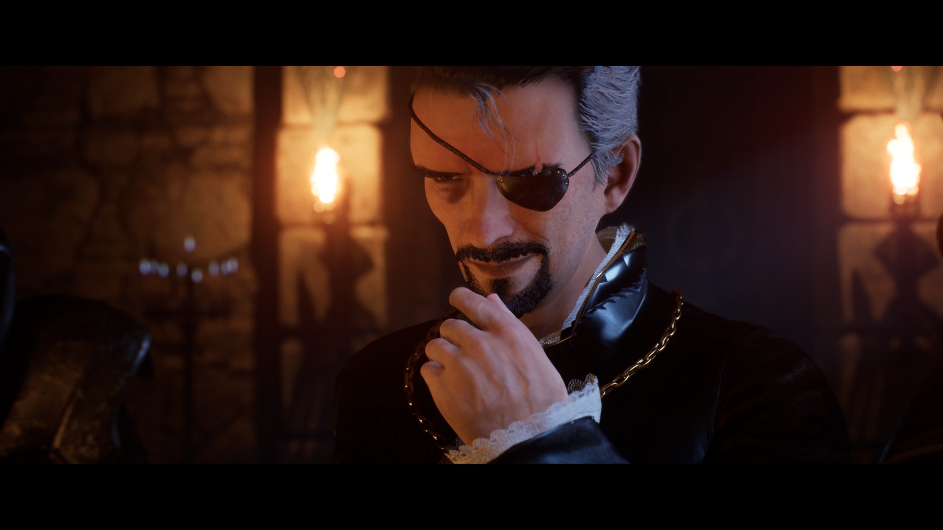 Stronghold 4 cinematic still: an eye-patched nobleman in a black high-collared doublet and gold chain in a candlelit hall