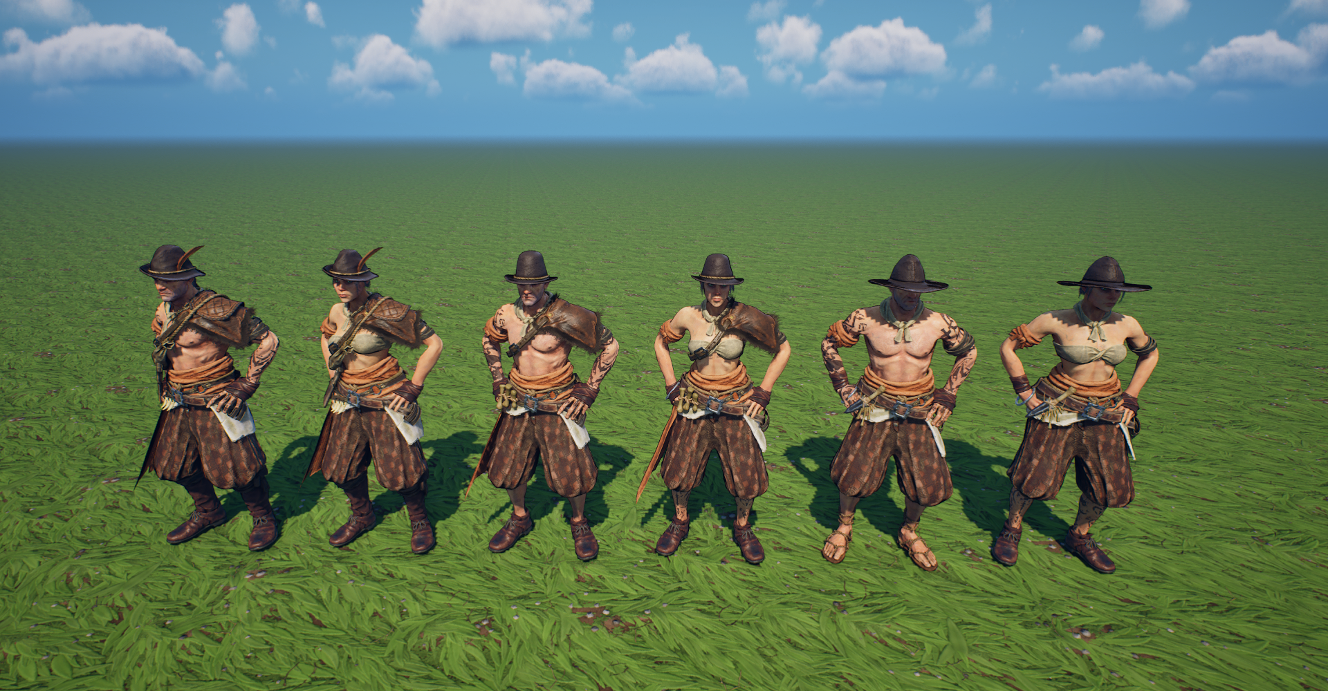 Work-in-progress faction clothing set with a wide-brimmed hat, shown during Ashlands development