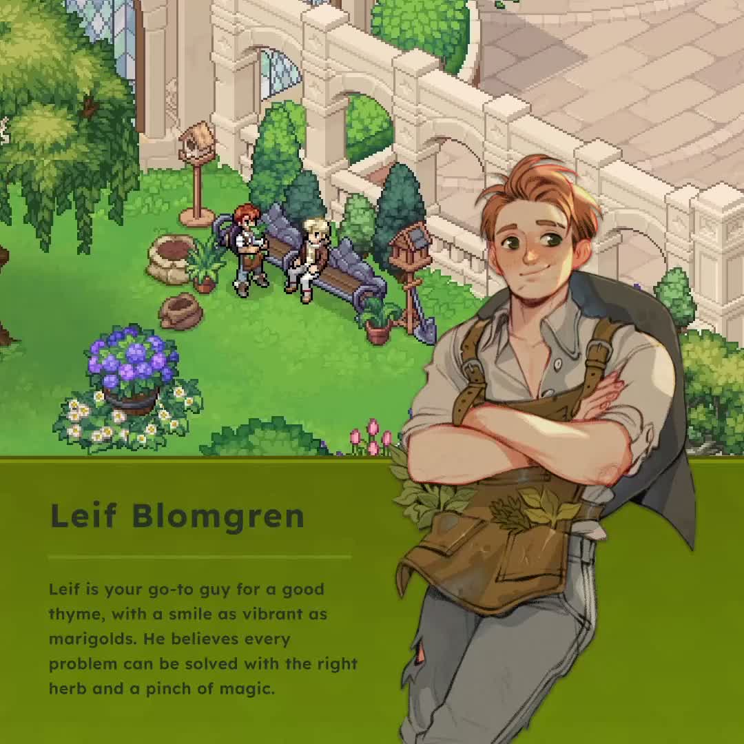 Official Witchbrook character card for Leif Blomgren: an illustrated portrait of a young man with auburn hair and green eyes, arms folded, wearing a cream shirt, a buckled brown leather work apron with sprigs of green herbs tucked into its pockets and a dark cape over one shoulder, set against a college lawn with a stone colonnade, a bird table, potted plants, hydrangeas and a bench where two students sit