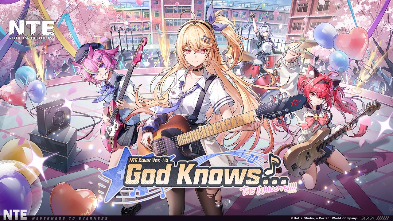 God Knows NTE Cover Ver. key art with Akane Rin playing guitar at the center of The Whoots on a school rooftop stage, surrounded by balloons and cherry blossoms