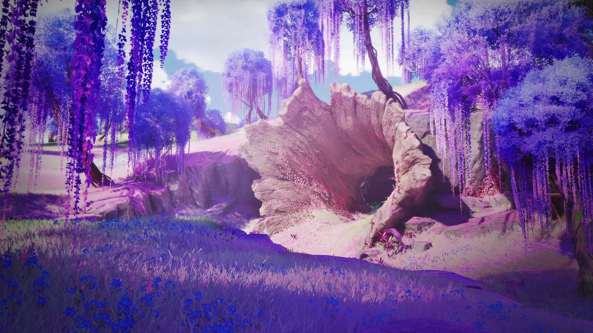 Violet blossom trees and glowing pink rock formations in the Forest of Falling Stars