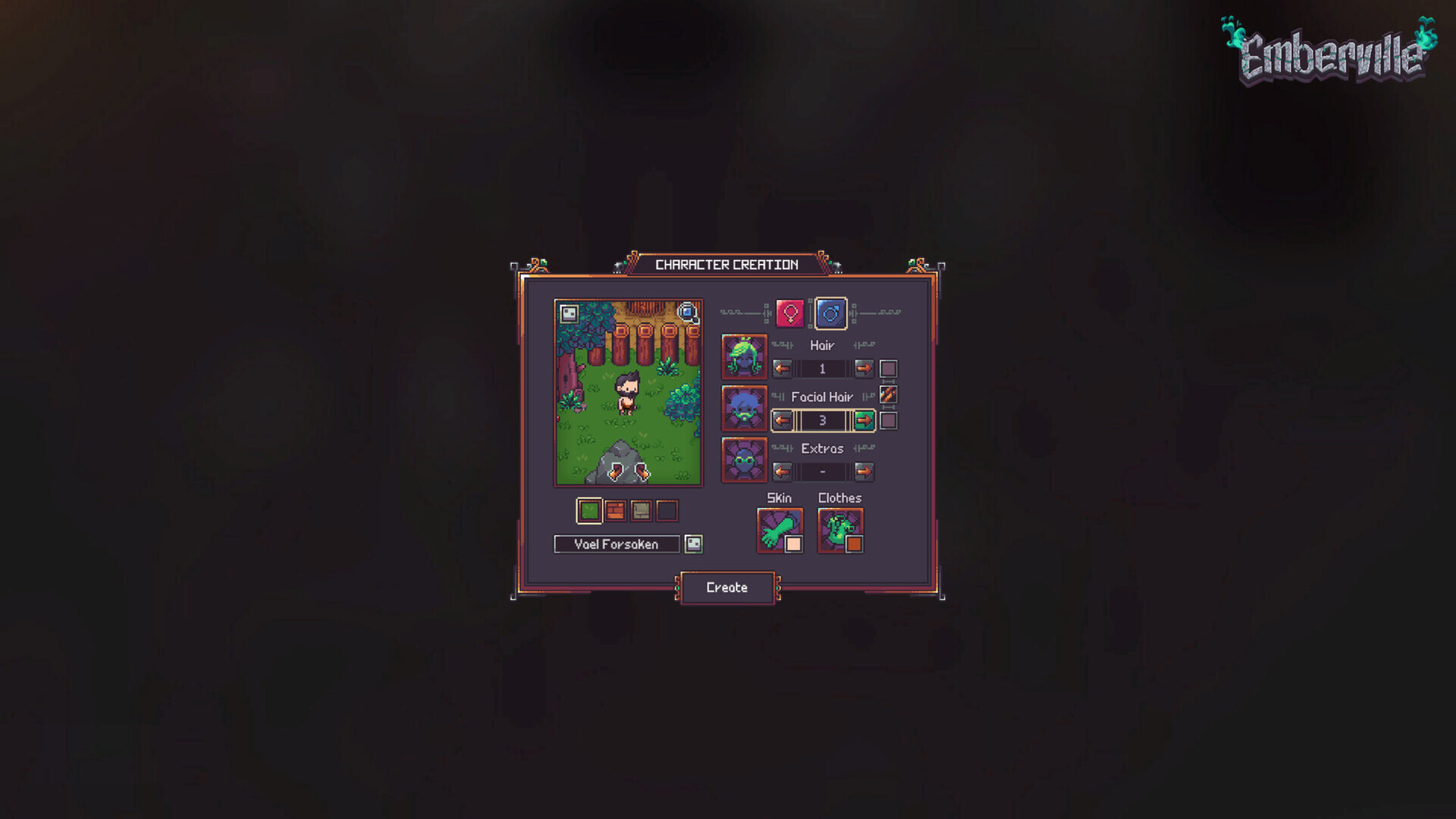 The character creation screen with hair, facial hair, extras, skin and clothing options