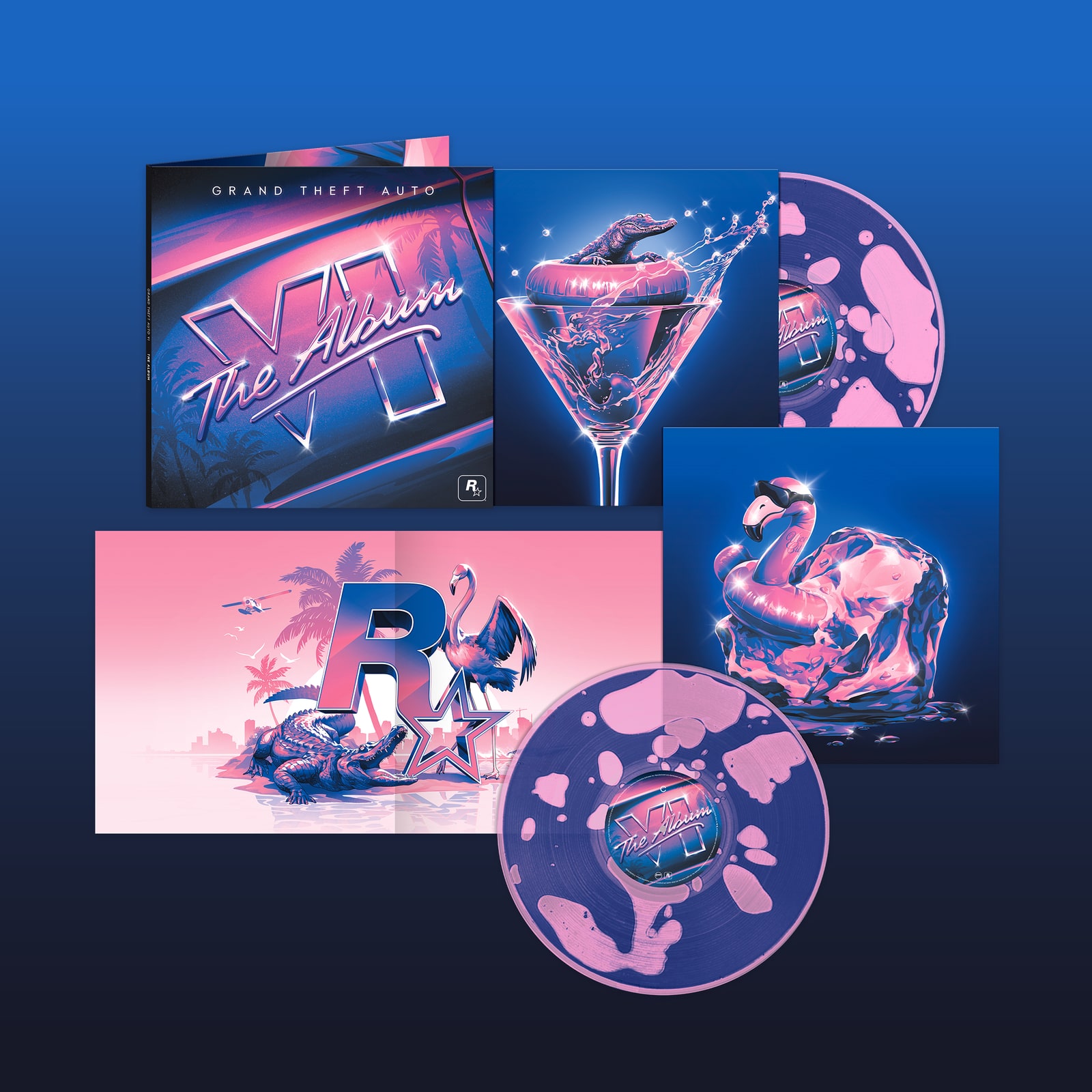 Grand Theft Auto VI: The Album limited-edition vinyl, showing its exclusive sleeve artwork and two transparent magenta discs filled with blue liquid