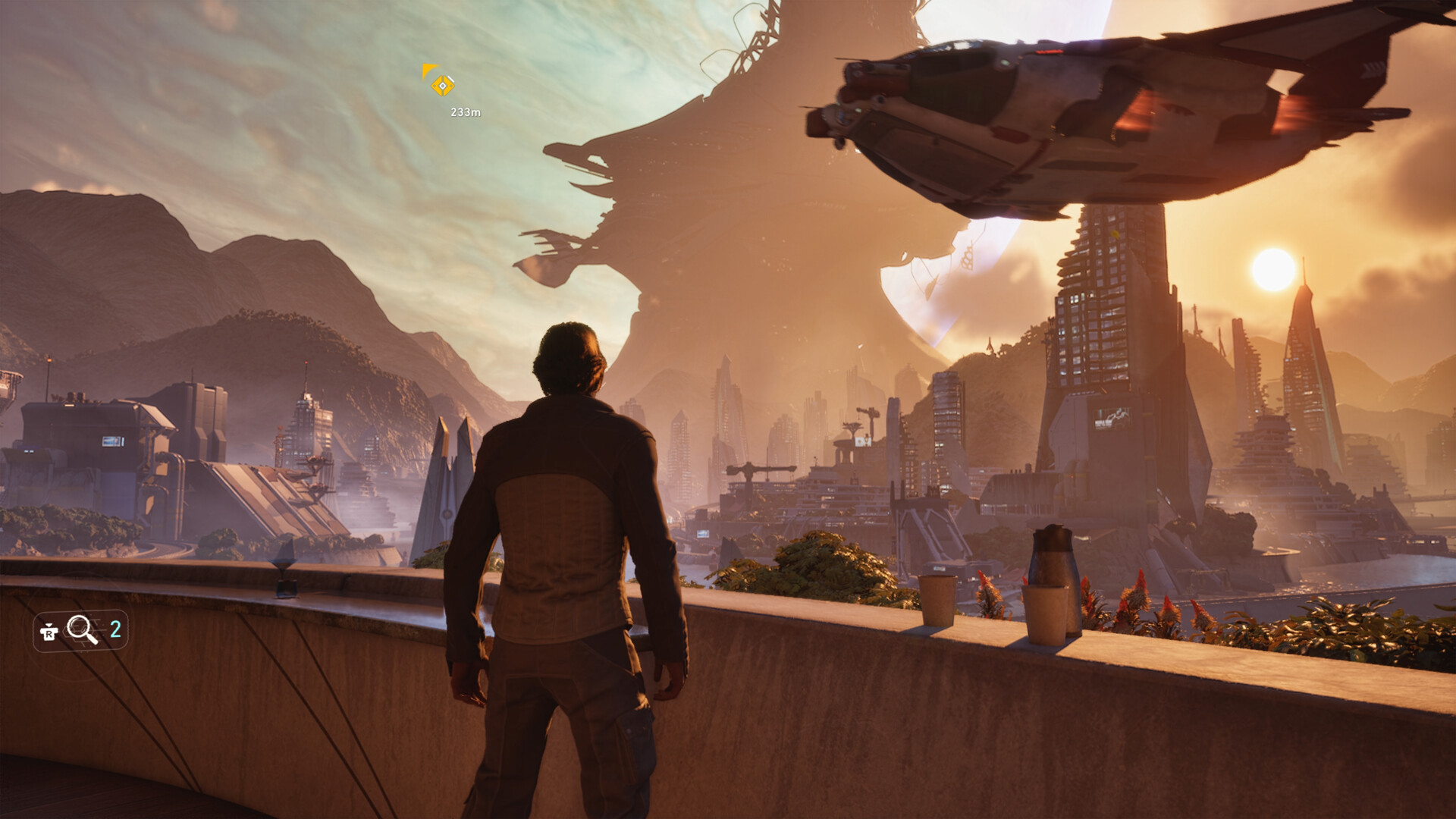 A Traveler in civilian clothes on a terrace above a sunlit city of towers, a dropship banking overhead and an objective marker two hundred and thirty-three metres out