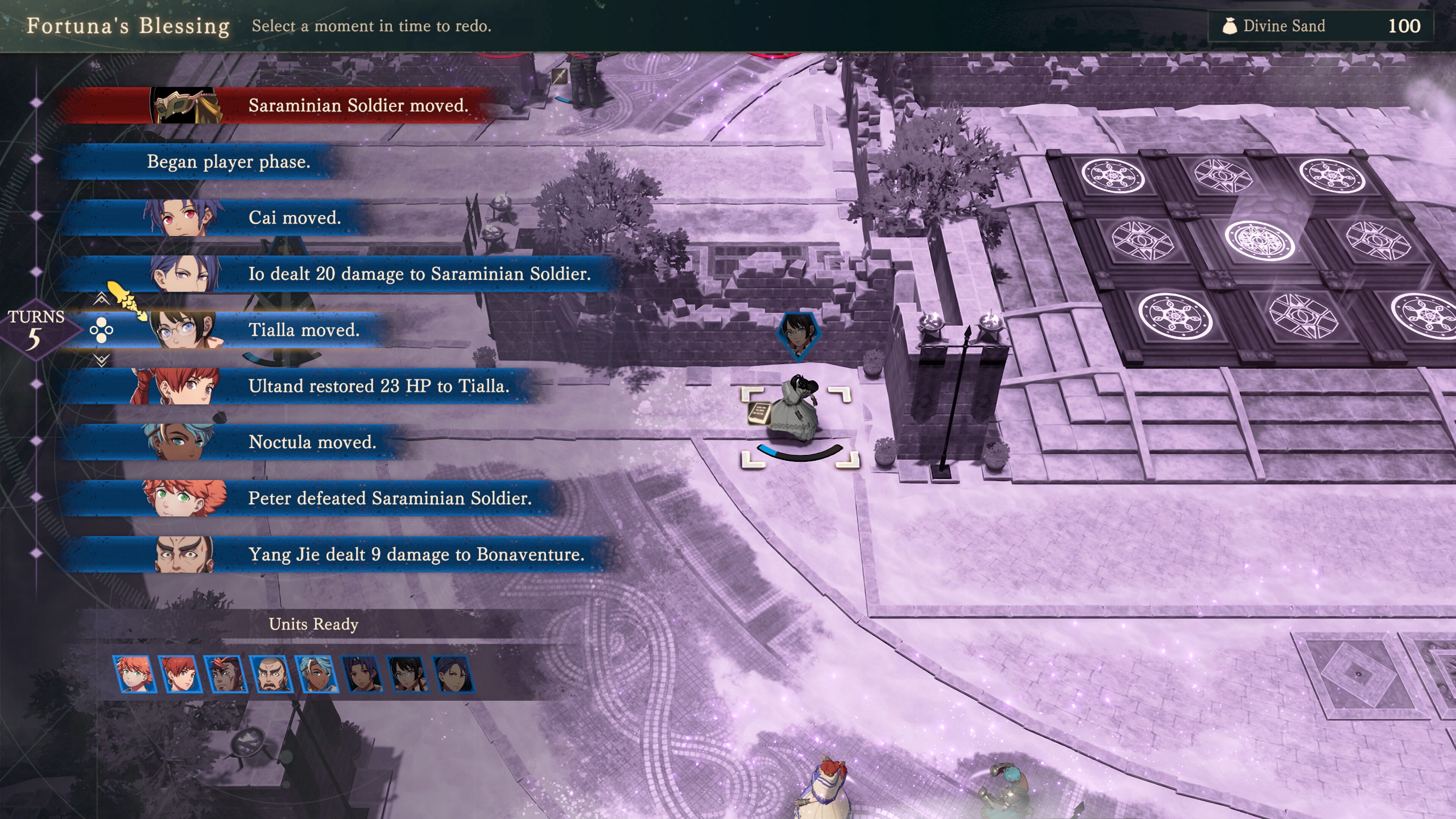 The Fortuna's Blessing rewind screen listing the turn's actions with a Divine Sand counter