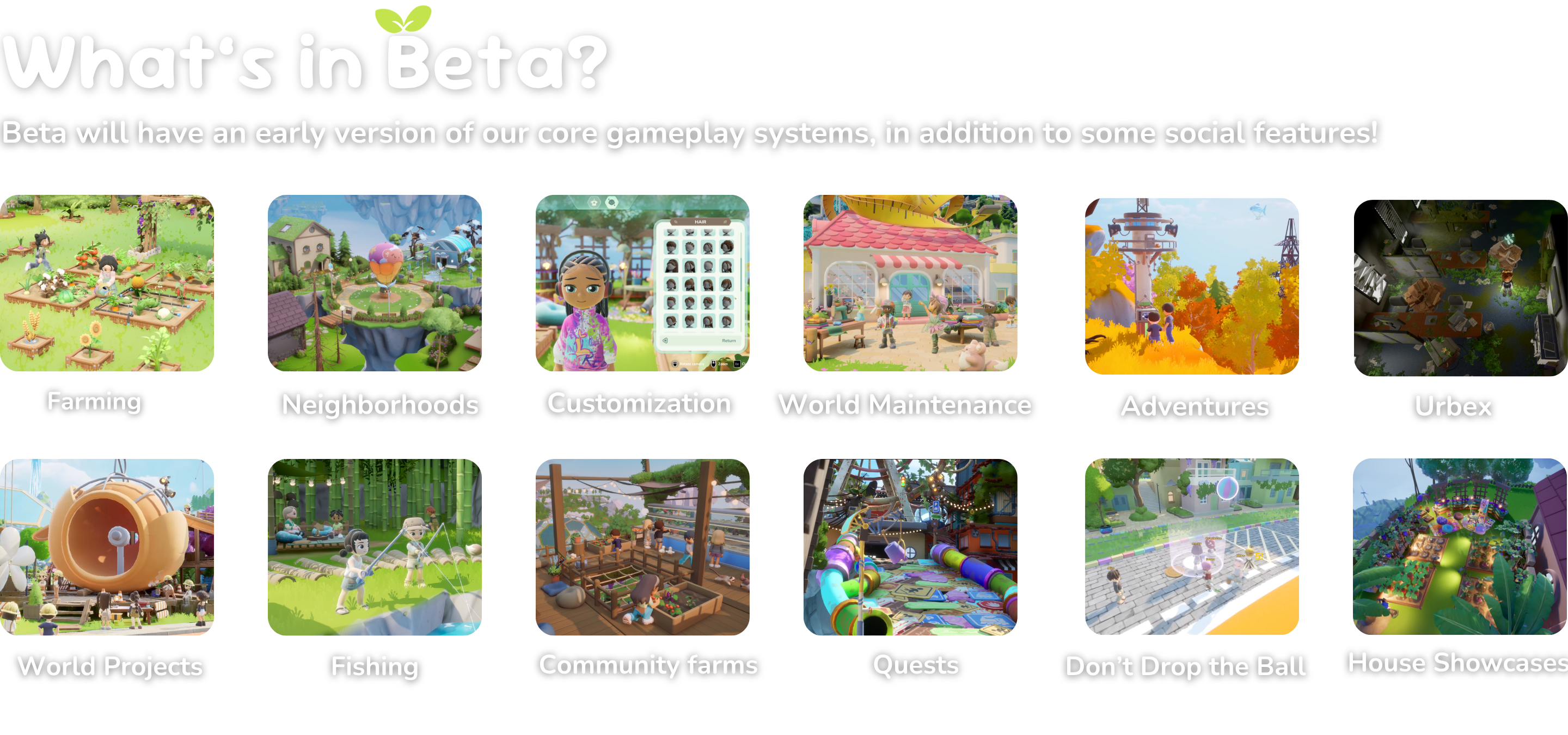 Twelve gameplay and social features pictured for Loftia's April 2026 closed beta.