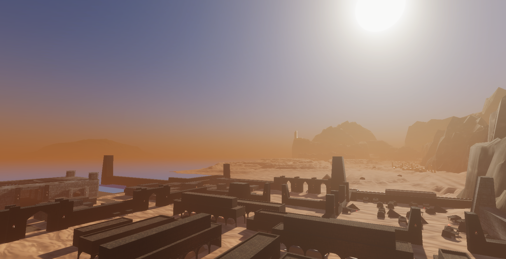Wide in development view of a coastal desert city of arcaded stone buildings under a low sun