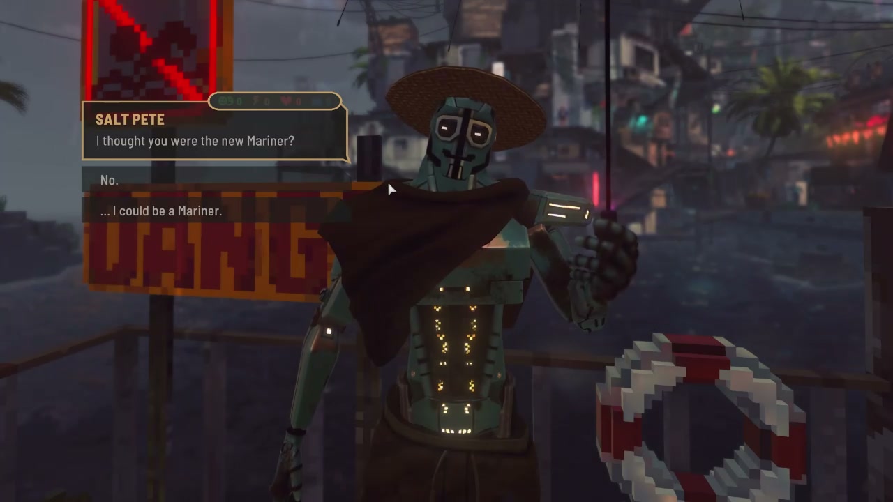 Salt Pete, a robotic character in a straw hat and cape at the waterfront, asking the player whether they are the new Mariner in the official gameplay video
