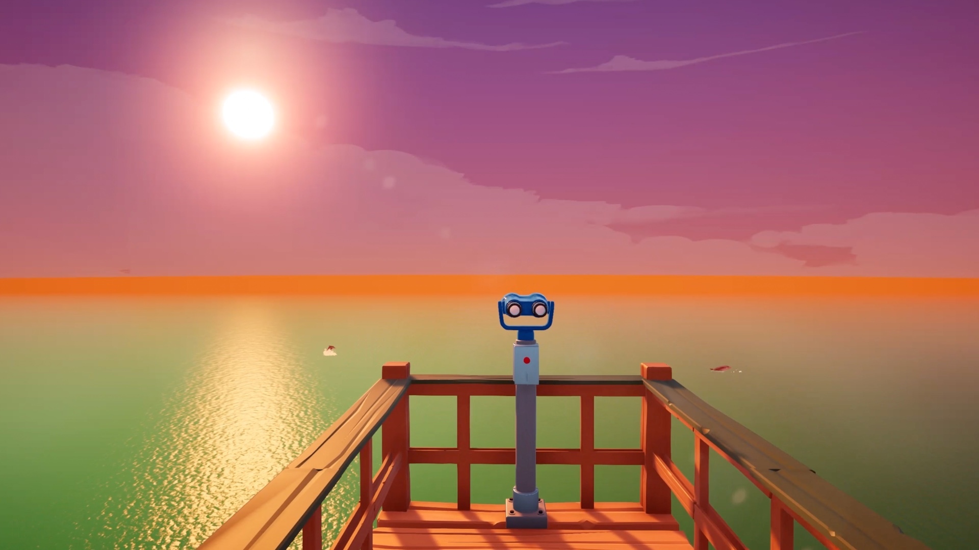 A pair of static binoculars on a wooden viewing platform looking out over the sea at sunset