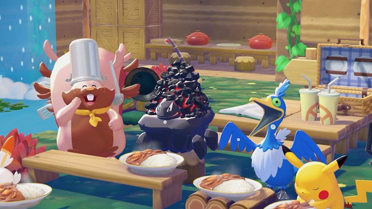 Chef Dente preparing a meal with other Pokemon watching and helping in the cooking area