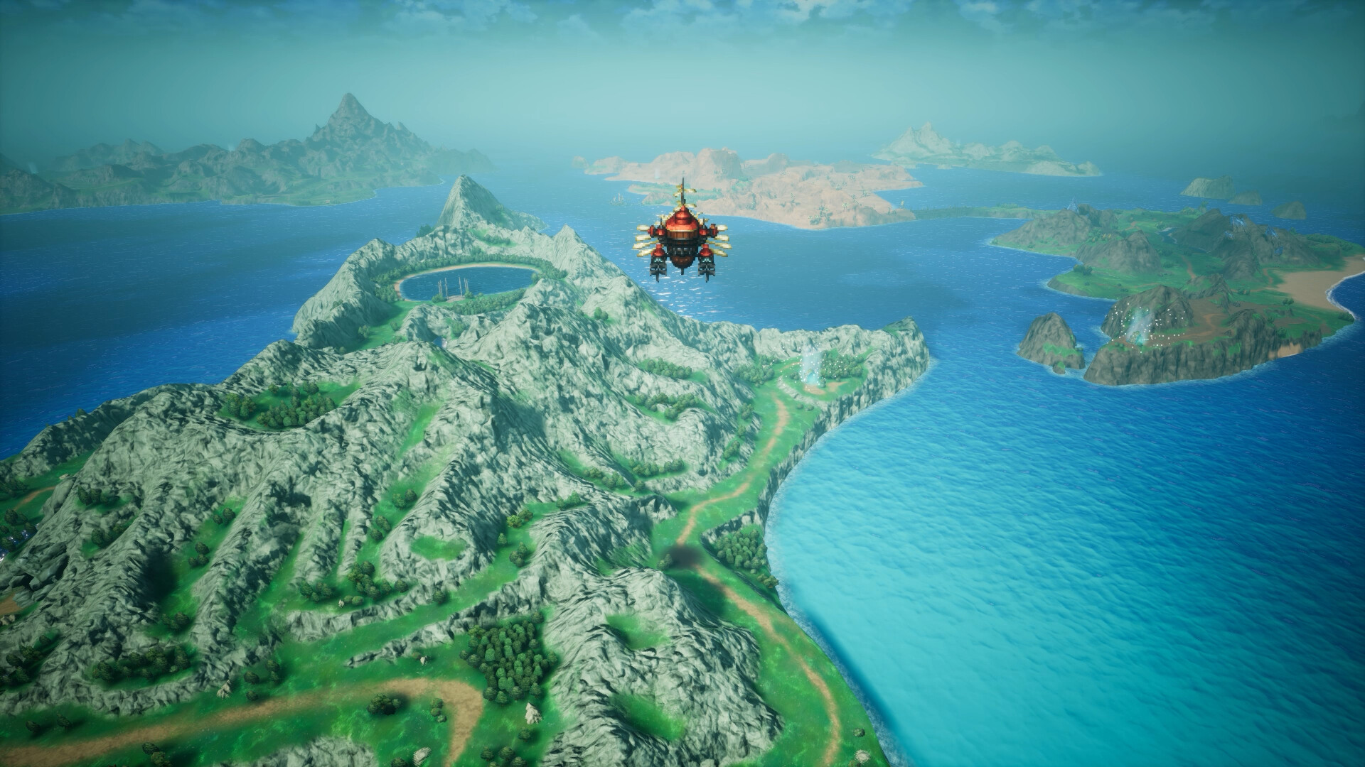 A red airship flies over a miniature world map of rocky islands, a crater lake, and turquoise seas