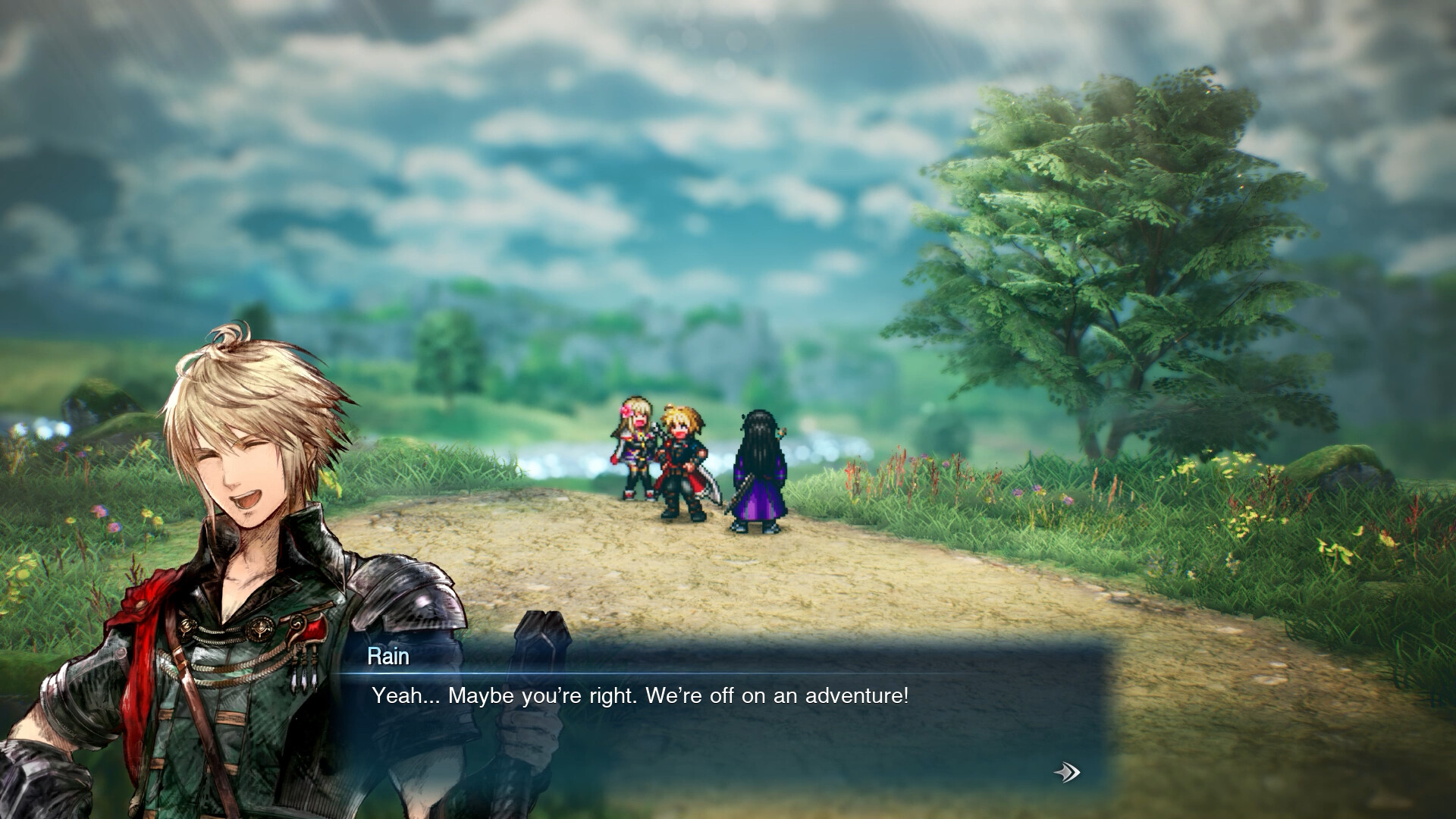 Dialogue scene where Rain declares the party is off on an adventure as three pixel-art companions stand on a country road
