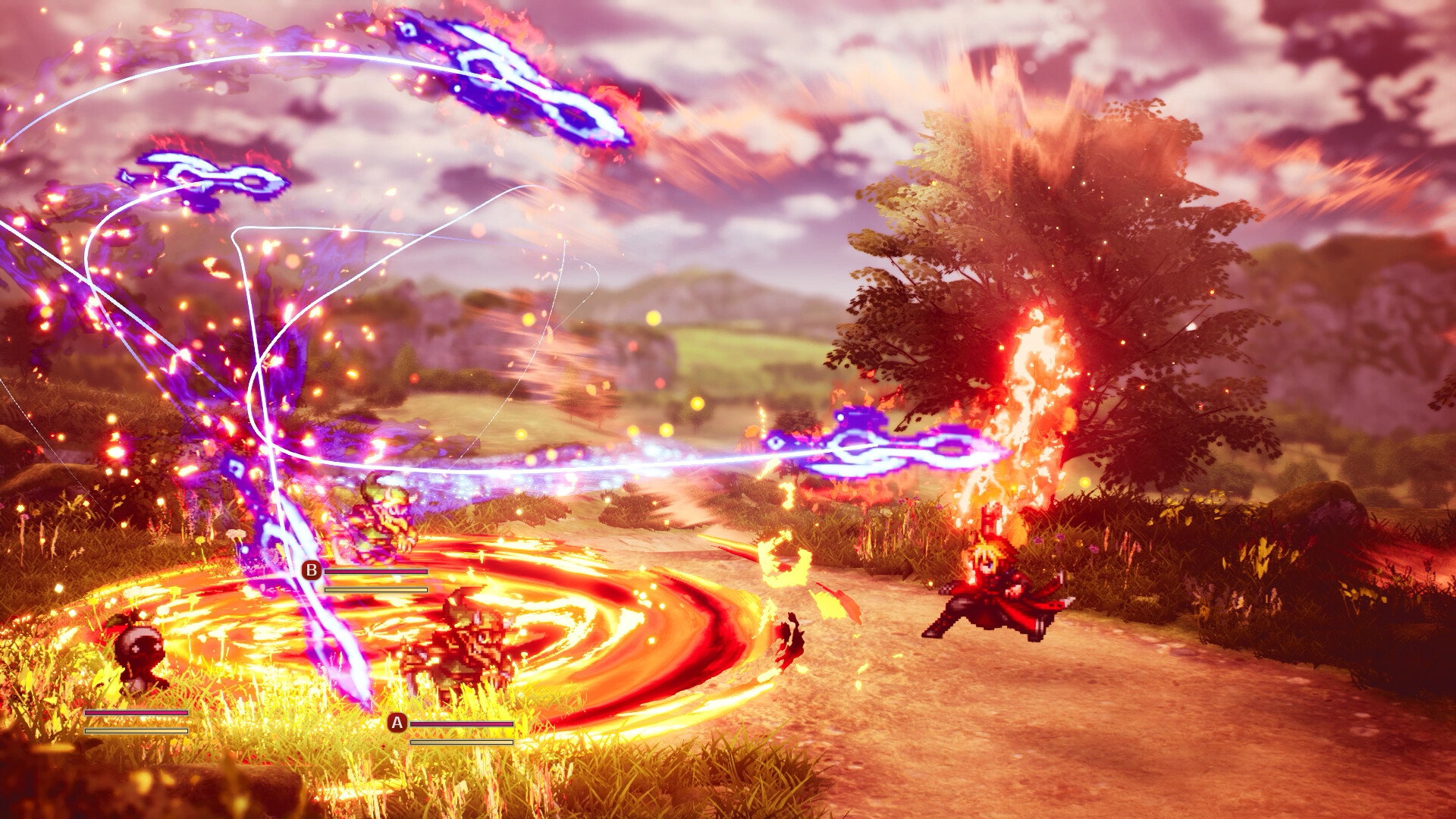 Sweeping violet magic circles and a pillar of flame engulf a roadside battlefield during a large-scale attack