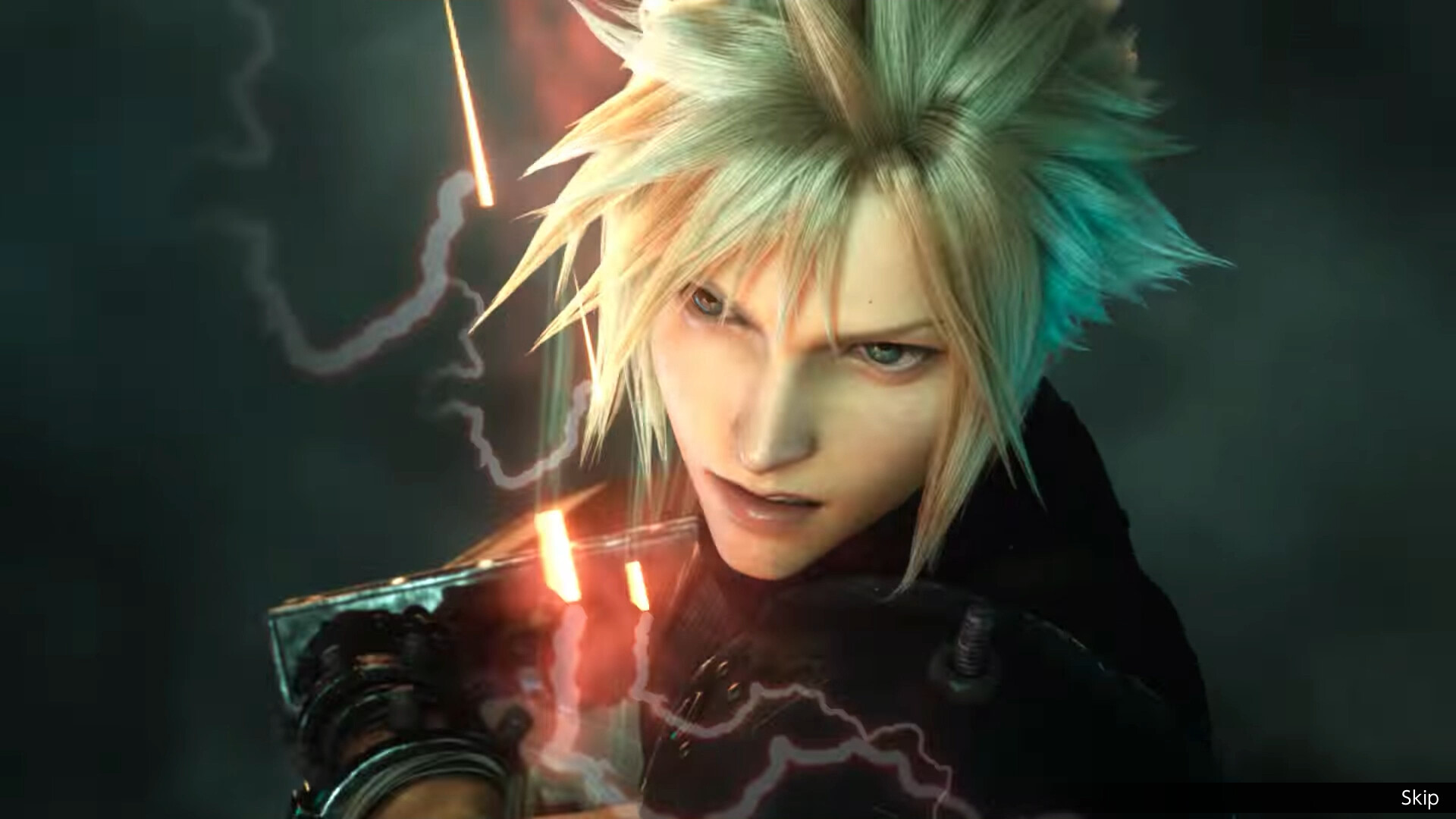 Full 3D cutscene close-up of Cloud raising his massive sword as orange sparks arc around him