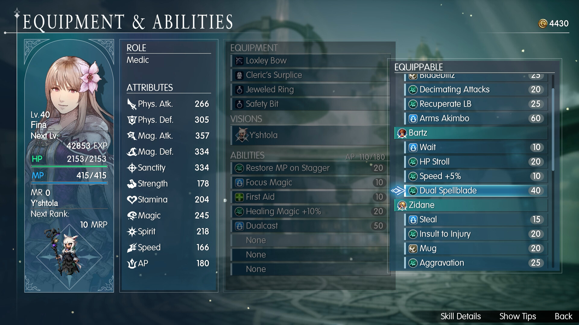 Equipment and Abilities menu for Fina showing her Medic role, an equipped Y'shtola Vision, and equippable abilities from Bartz and Zidane