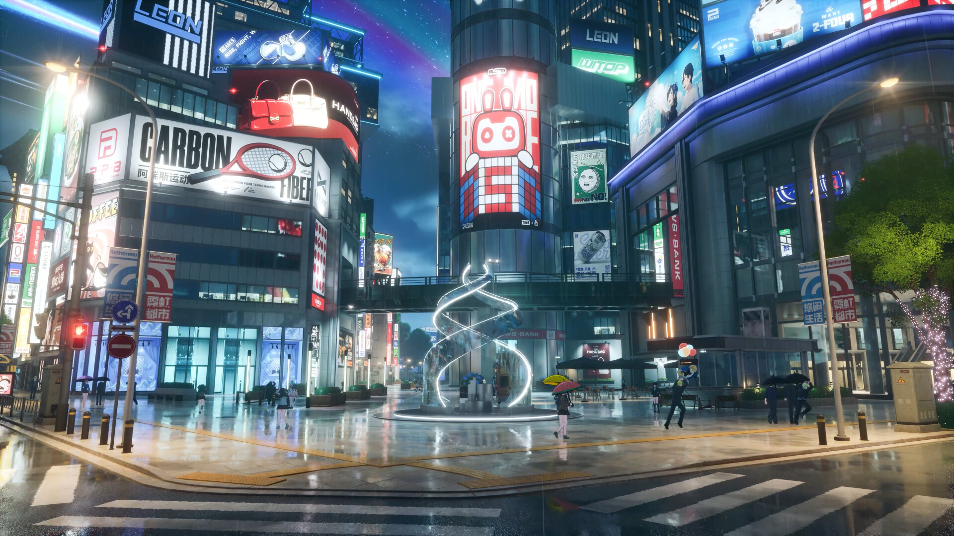 A neon-lit plaza with billboards and a glowing sculpture in Hethereau
