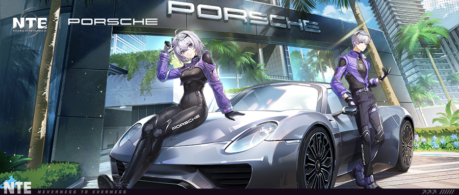 Official NTE x Porsche collaboration key art showing the Porsche 918 Spyder with two Espers in racing suits outside the in-game Porsche building