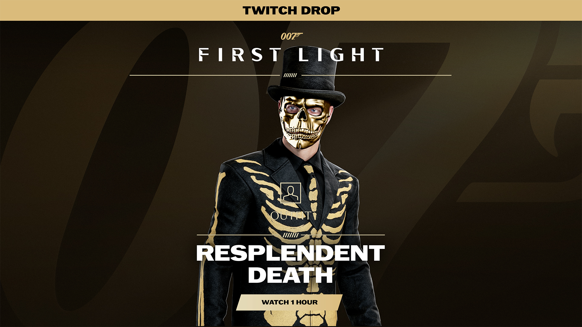 Resplendent Death outfit for 007 First Light: a black suit with gold skeletal bone print, gold skull mask, and black top hat, unlockable through a Twitch campaign