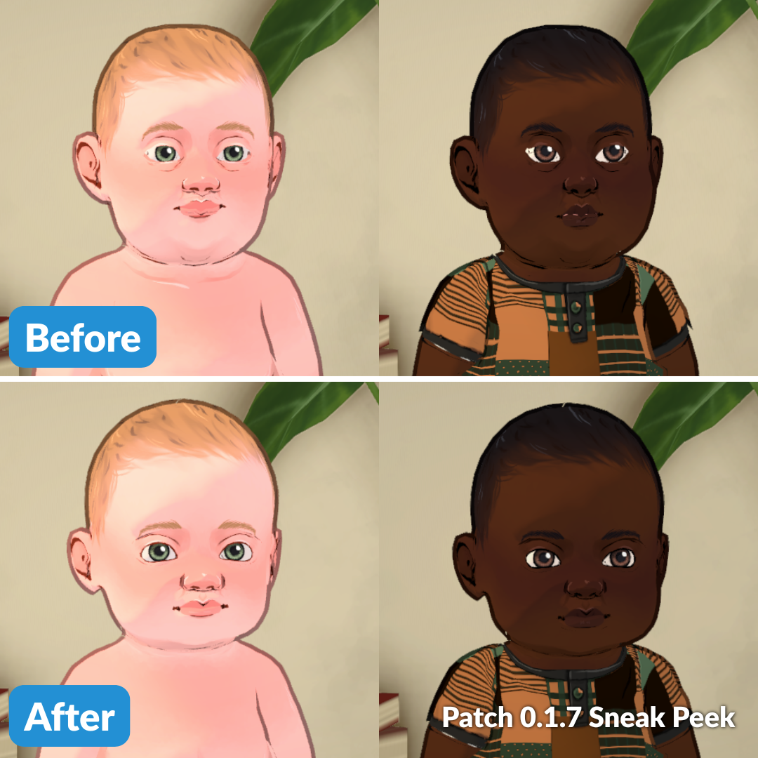 Before and after comparison of the redesigned Paralives baby faces introduced in the 0.1.7 Quality of Life patch