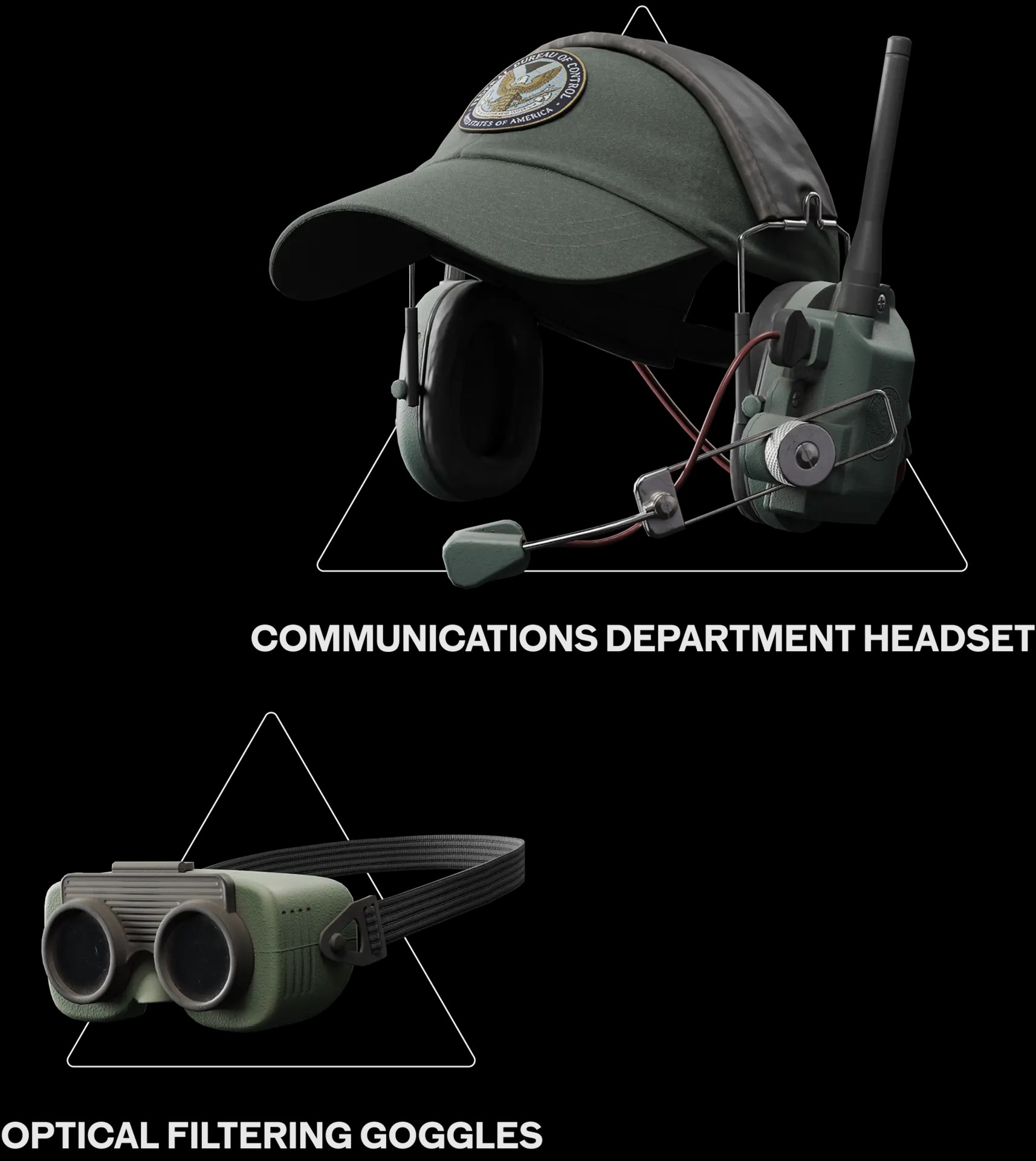 Newsletter cosmetic rewards: the Communications Department Headset, a cap with a boom microphone, and the Optical Filtering Goggles