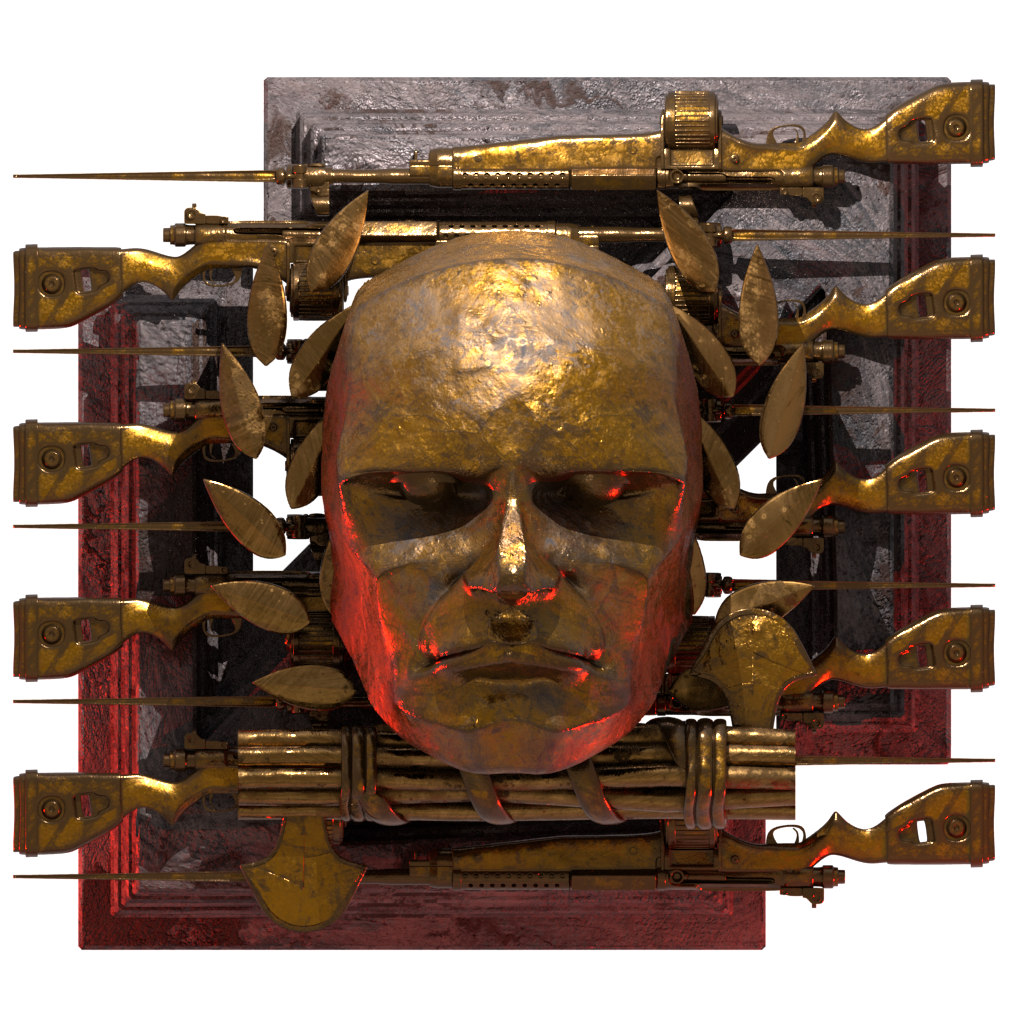 Union of Imperial States faction emblem from D.O.R.F., a gilded mask framed by rifles and laurel leaves