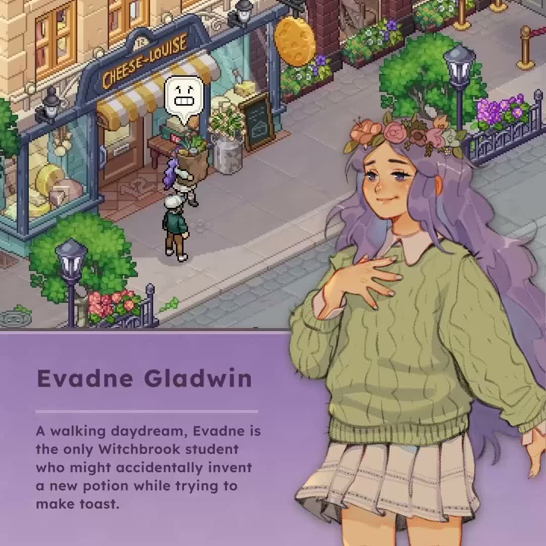 Official Witchbrook character card for Evadne Gladwin: an illustrated portrait of a young woman with very long wavy lavender hair and a crown of pink and peach roses, wearing a pale green cable-knit sweater over a white collared shirt and a pleated cream skirt, one hand resting on her chest. Above her, an in-game street scene shows her purple-haired sprite carrying a basket of produce outside a cheese shop signed Cheese-Louise. The card names her and describes her as a walking daydream, the only Witchbrook student who might accidentally invent a new potion while trying to make toast.