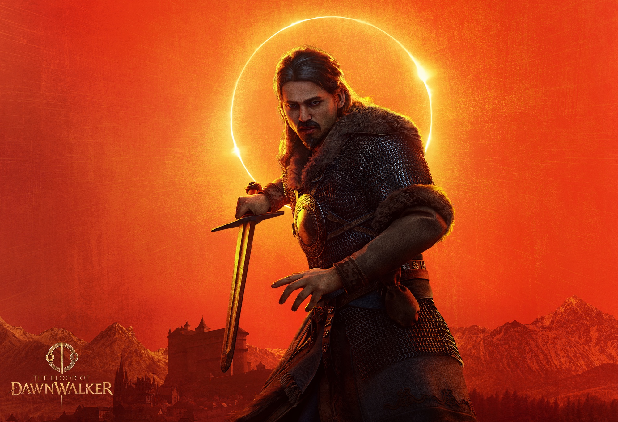 Official character art of Marat, the rebel leader, gripping a sword in chainmail and a fur mantle before a solar eclipse