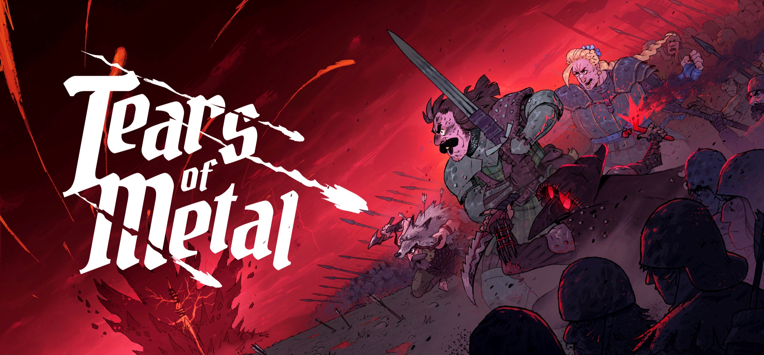 Official Tears of Metal key art: a boar-headed warrior and a shouting armoured woman charge downhill with a wolf-headed companion, sword raised, into a mass of dark-armoured invaders under a red sky
