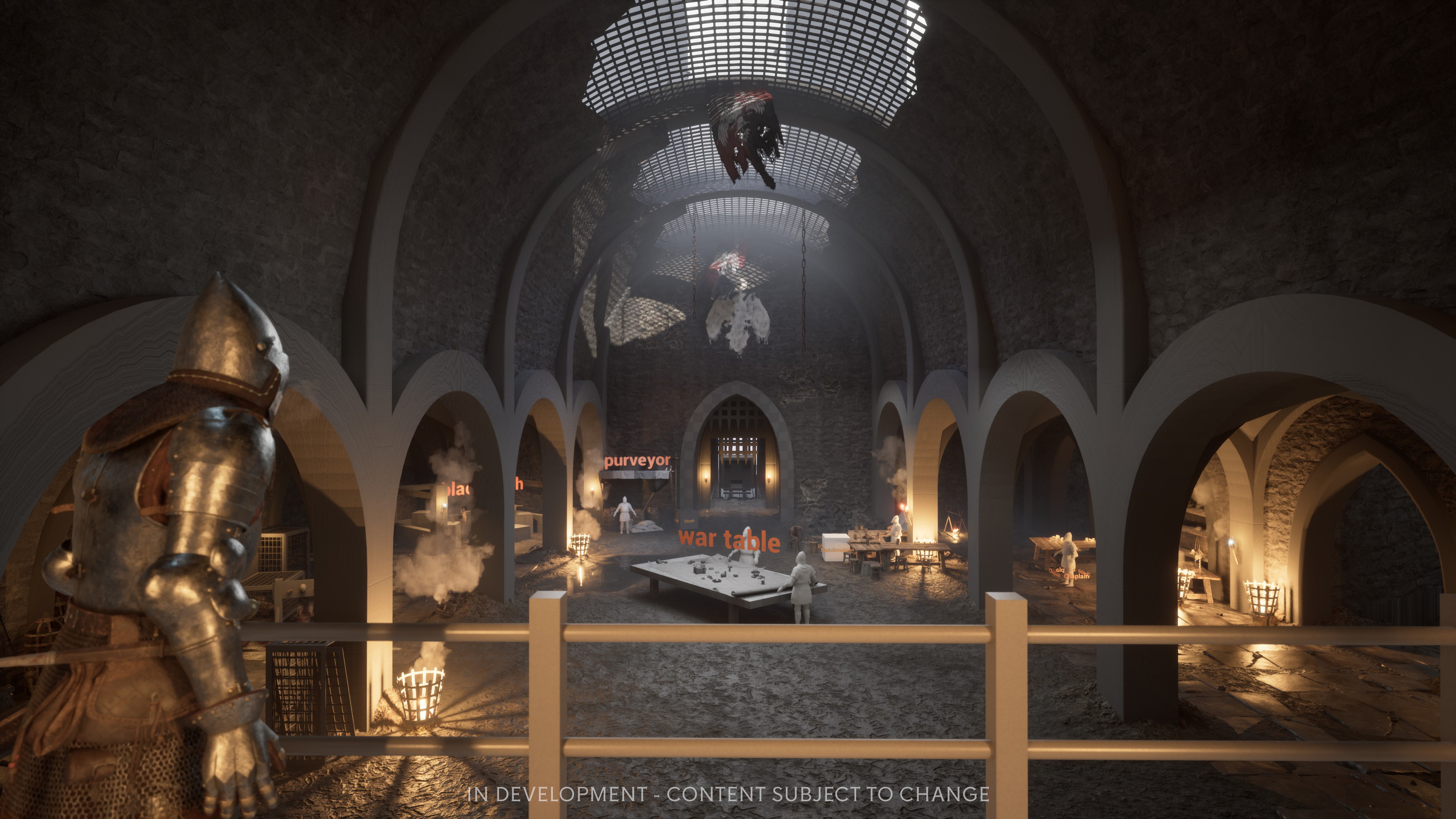 The stronghold hub interior from the July 2026 developer update: a vaulted stone hall with a purveyor stall, a war table and an armoured Writhen in the foreground