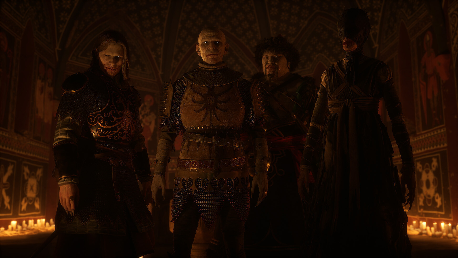 Four vampire courtiers in ornate armour and robes standing together in a candlelit painted chapel